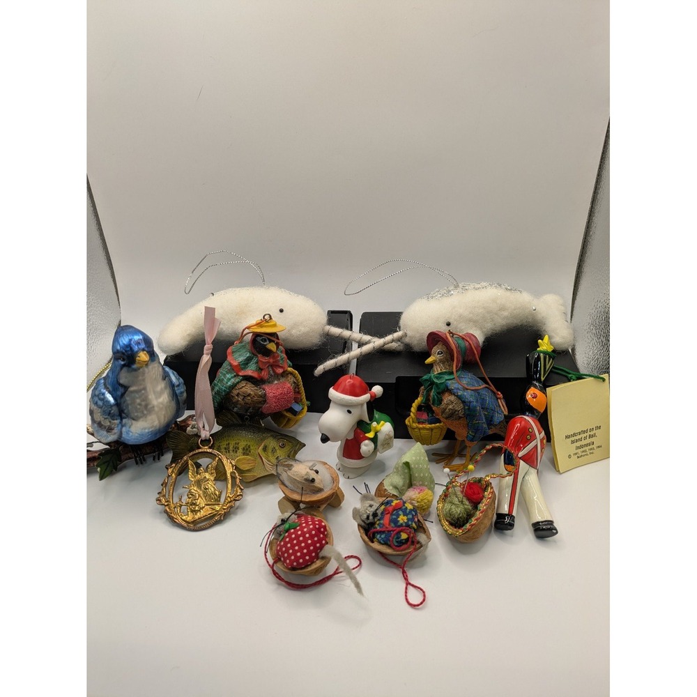 Vintage Christmas Ornament Lot Snoopy Narwhal Walnut Shell Mice Bali Soldier
